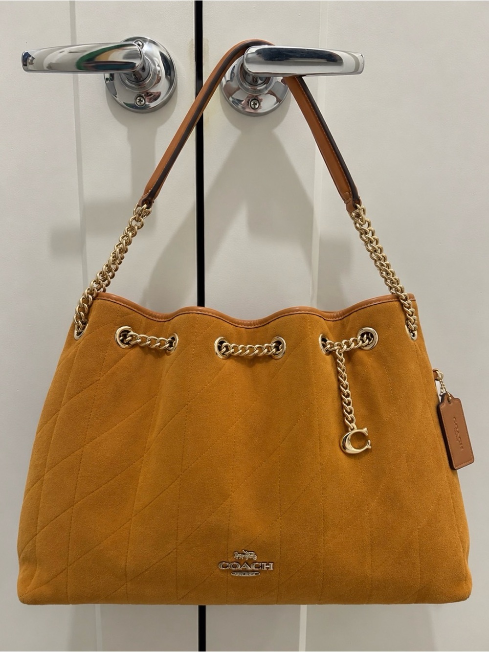 Coach (NWT) Evelyn Shoulder Bag With Quilting and Charm in Marigold